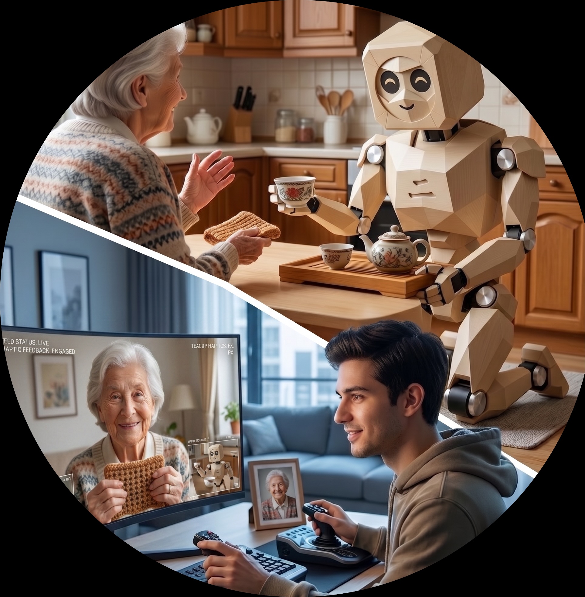 Elderly woman receiving tea from Origami robot while a young man teleoperates it remotely