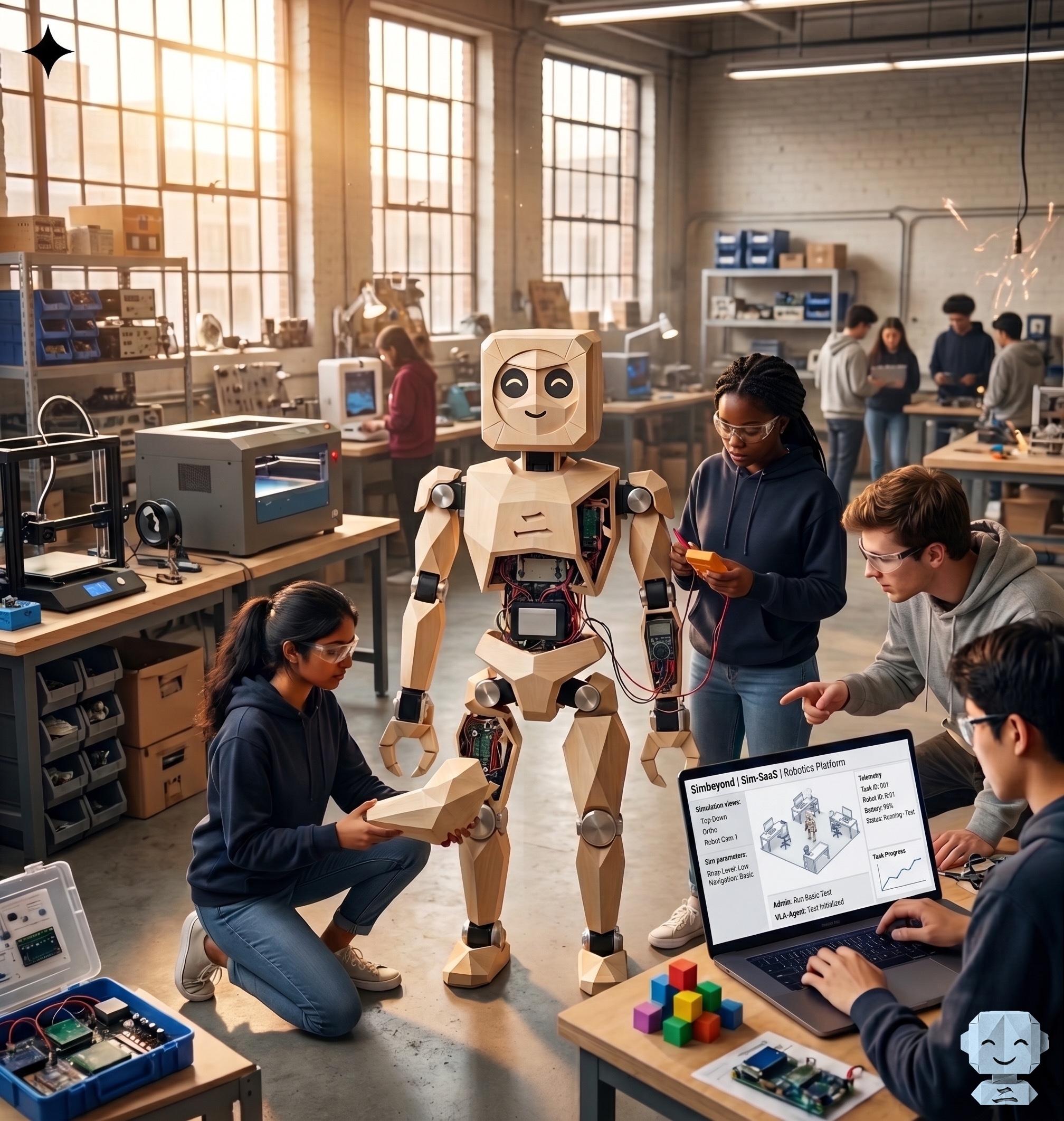 Students in a workshop hacking and assembling the Origami robot — open hardware in action