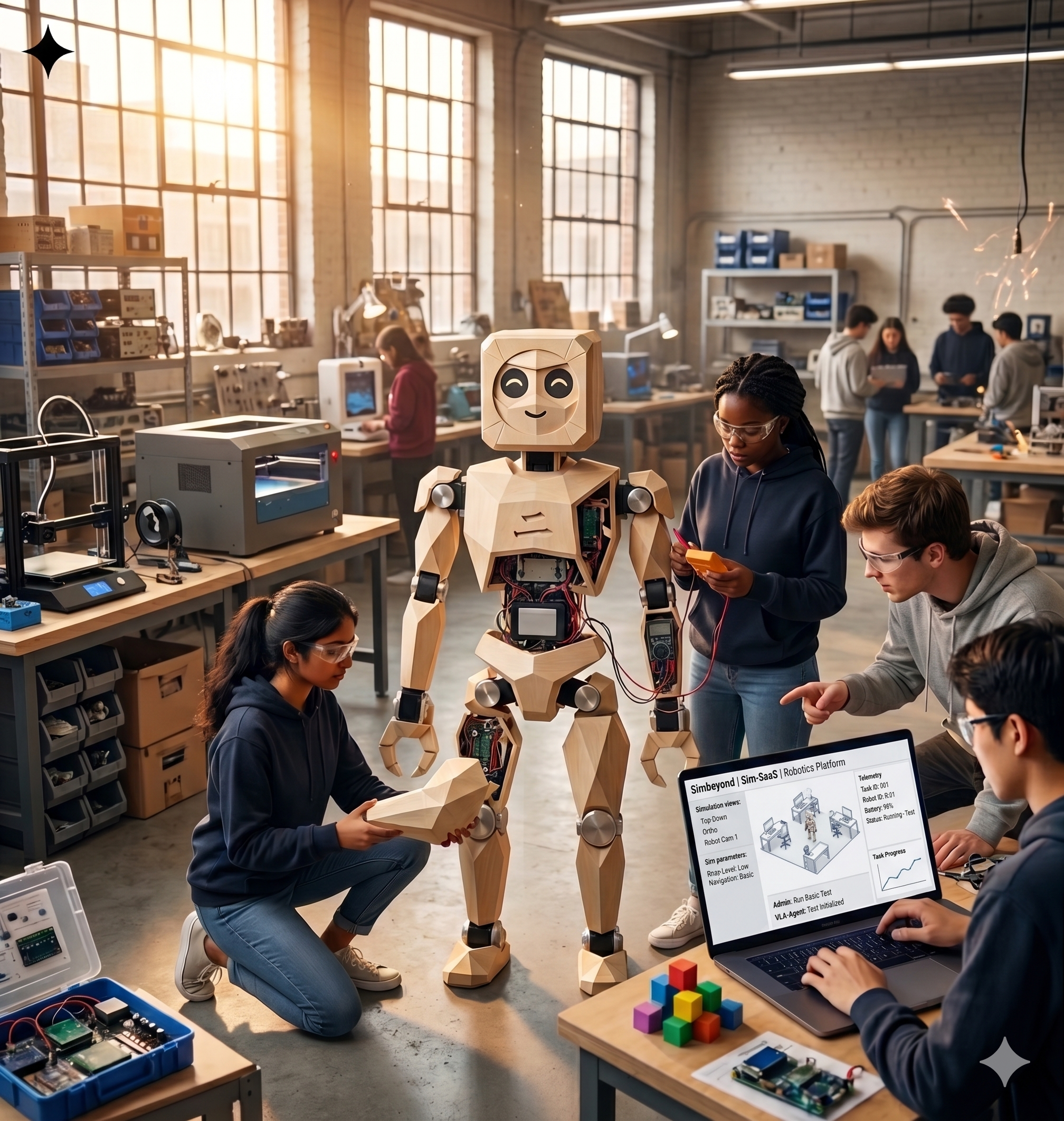 Students in a workshop hacking and assembling the Origami robot — open hardware in action