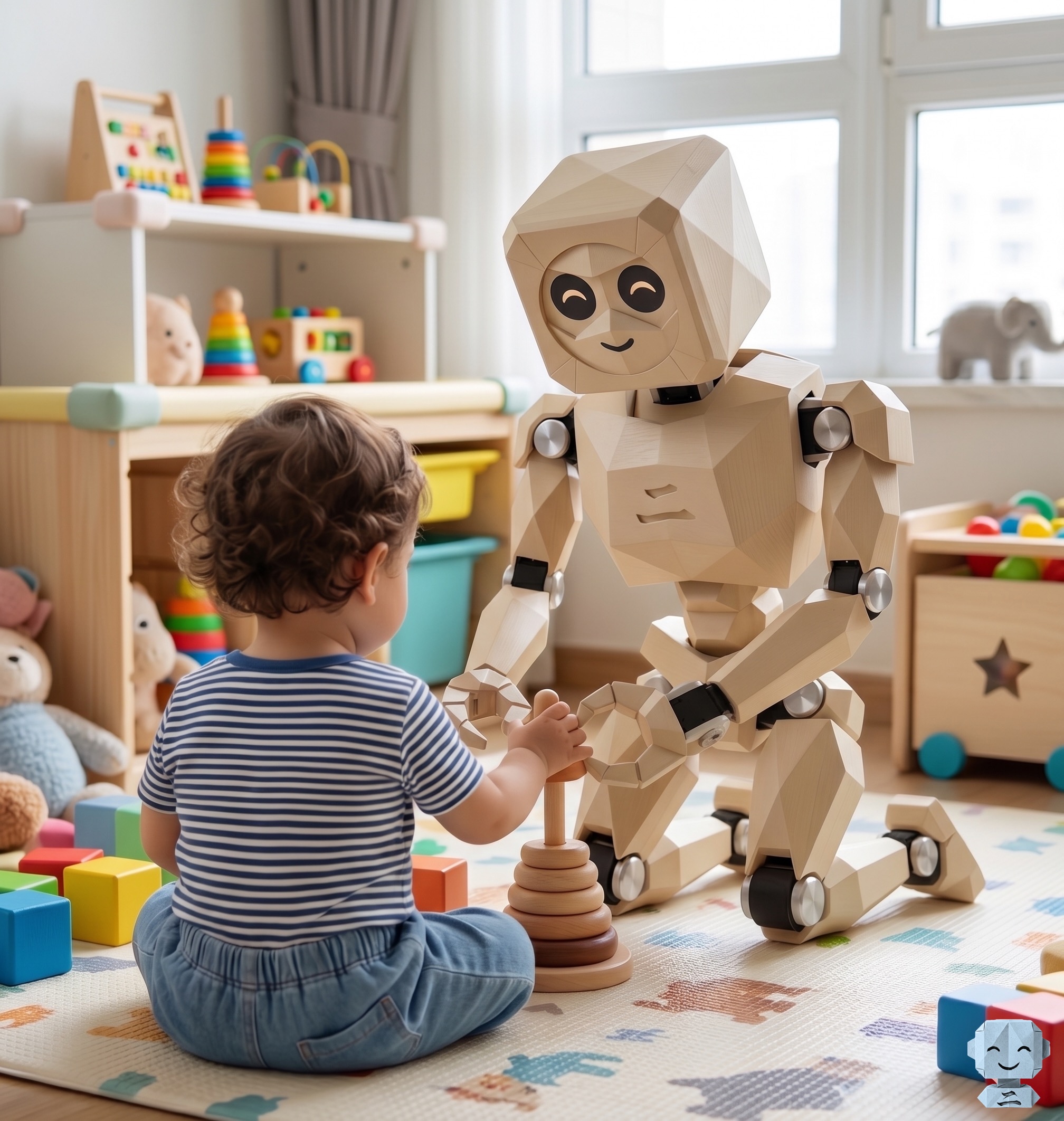 Origami robot playing with a toddler in a home setting — safe, accessible, friendly
