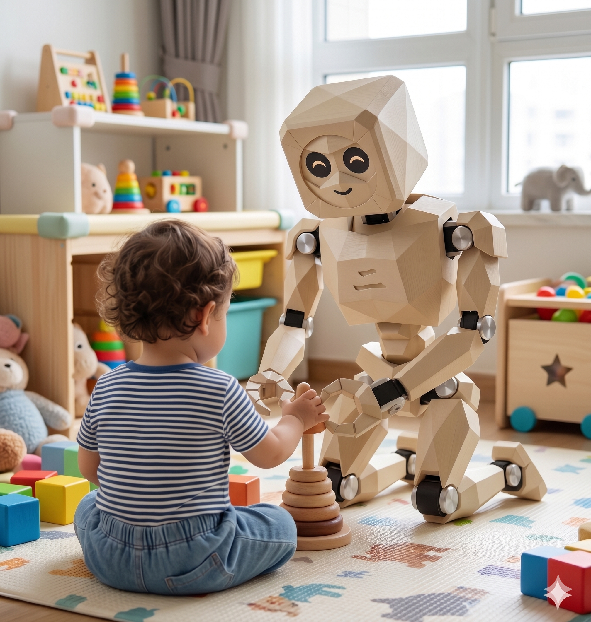 Origami robot playing with a toddler in a home setting — safe, accessible, friendly