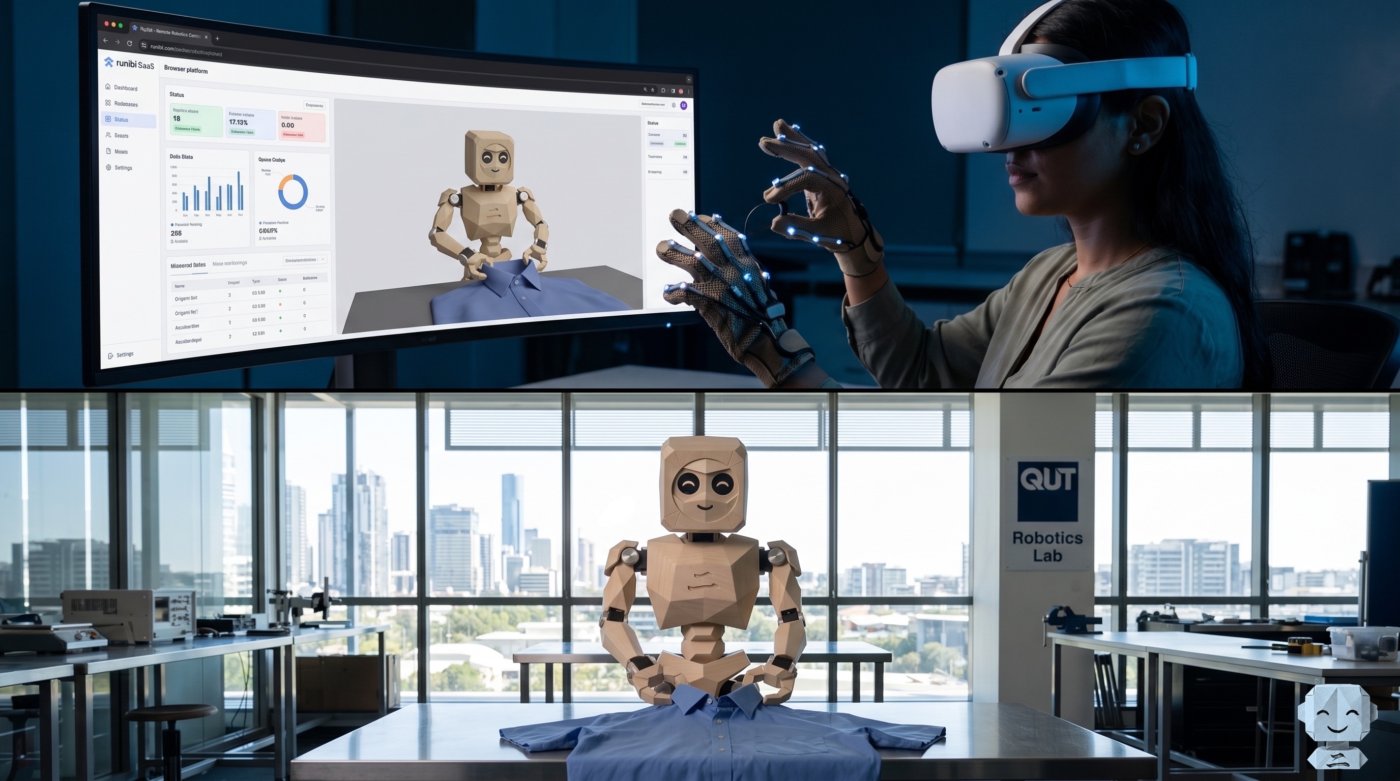 Teleoperation via VR glove alongside Origami robot performing a task