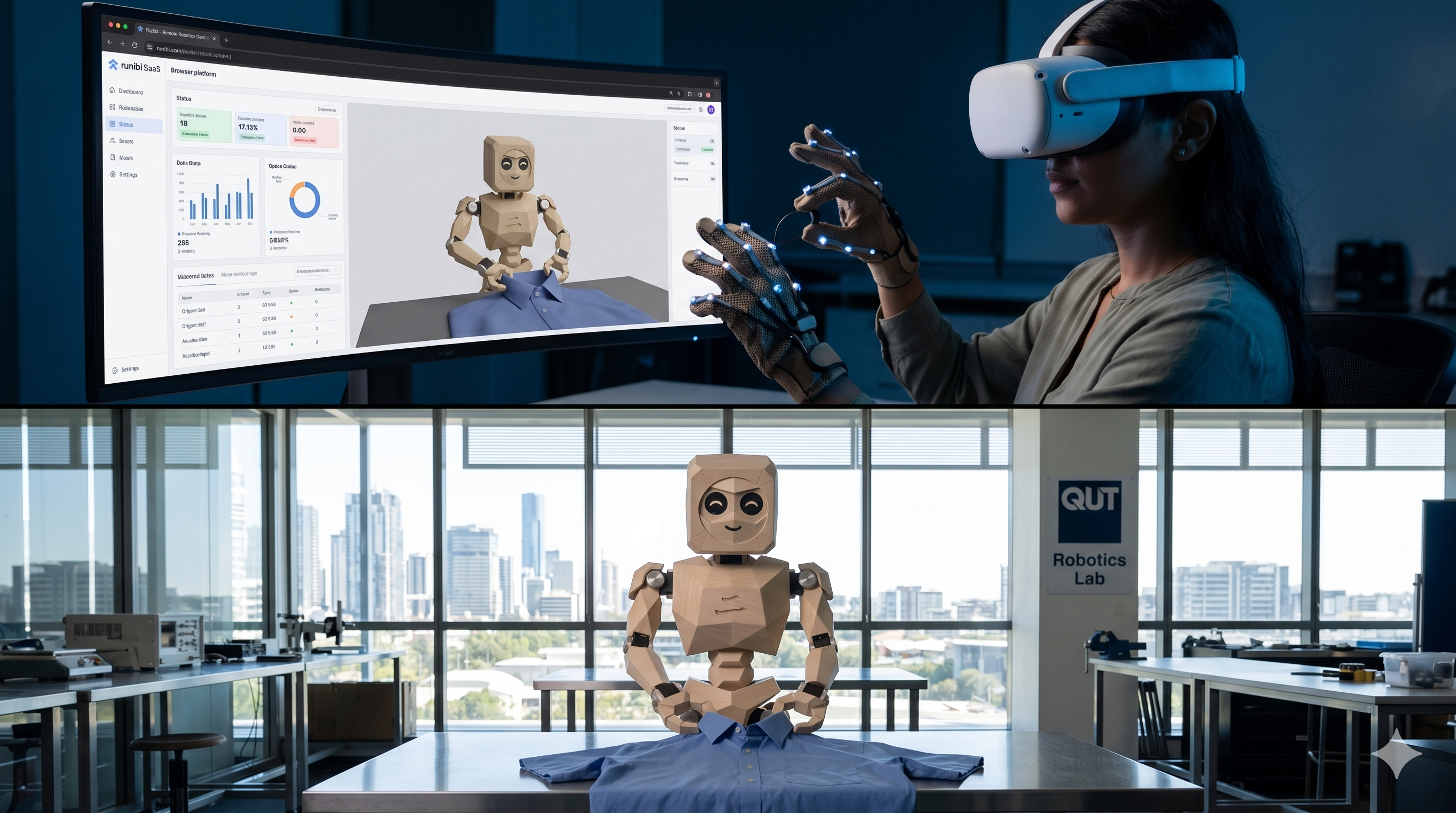 Teleoperation via VR glove alongside Origami robot performing a task at QUT Robotics Lab